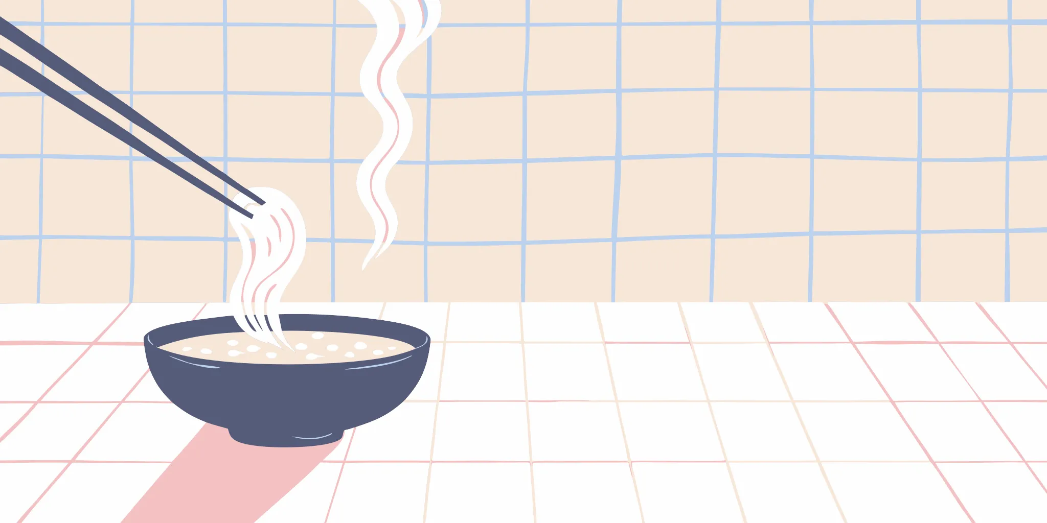 Chopsticks lifting noodles from a steaming bowl of ramen in a restaurante.