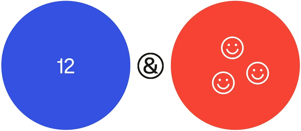 Blue circle with 12 and red circle with three smiling faces separated by an ampersand