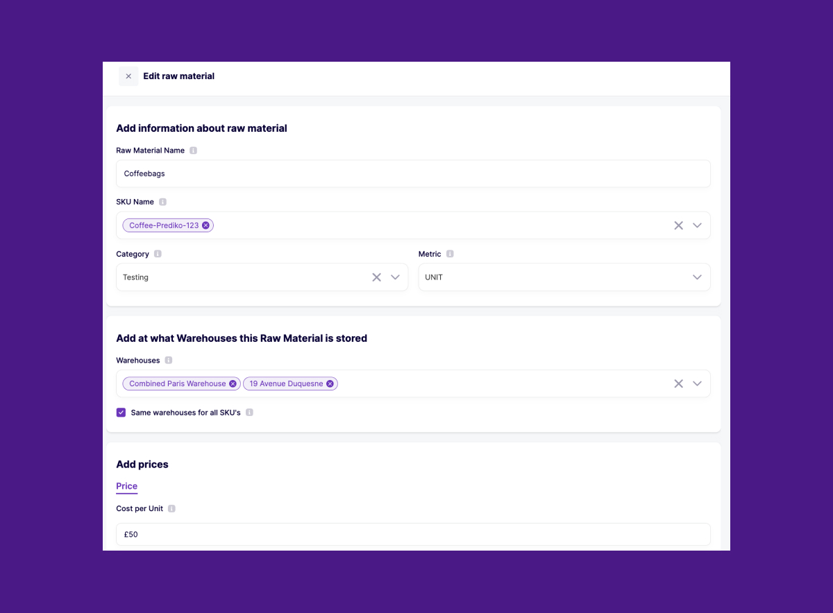 edit raw material within Shopify app