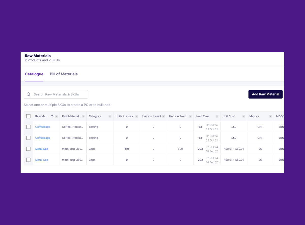 import raw materials catalogue