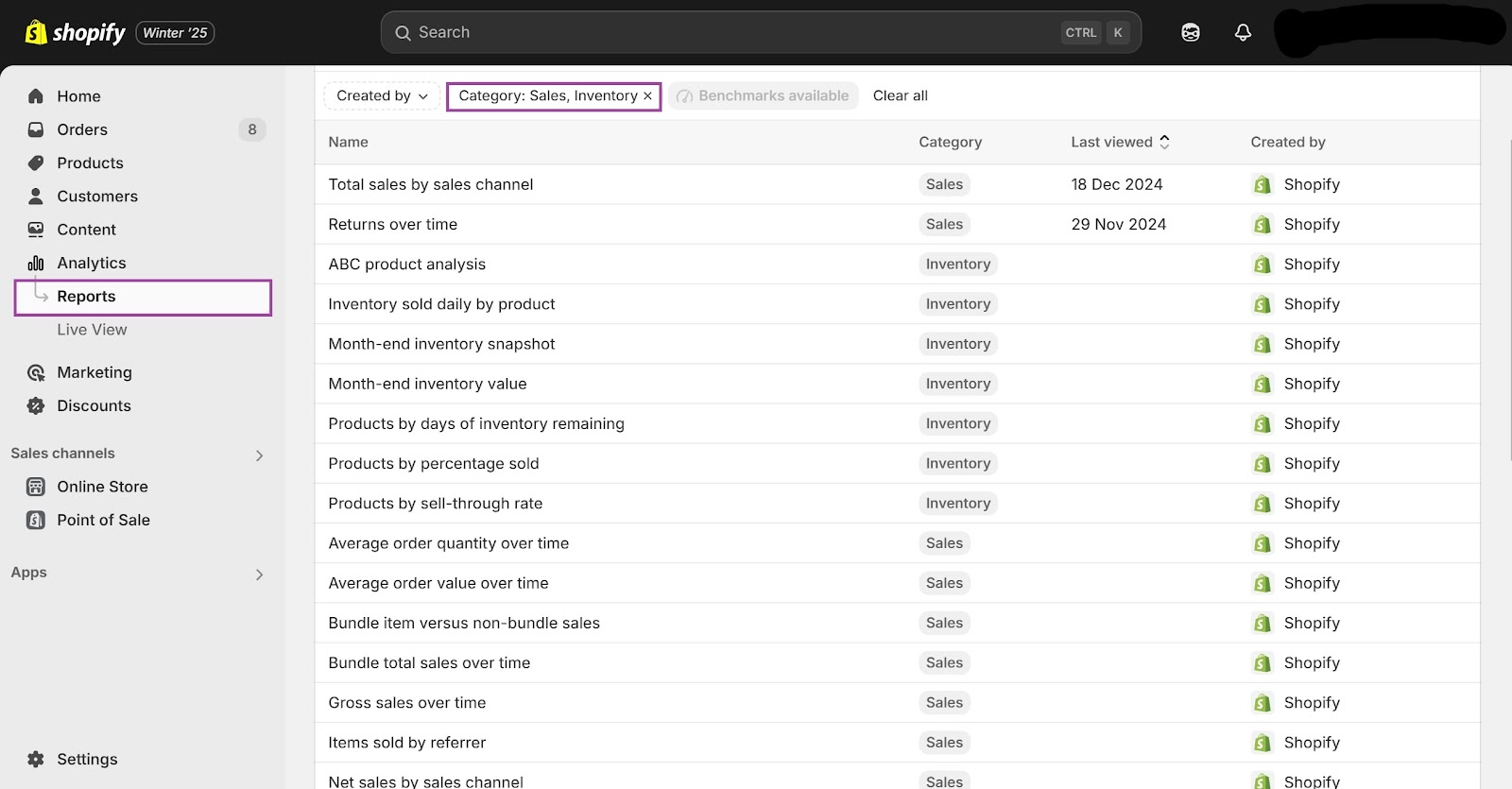 Shopify analytics highlighting sales and inventory insights 