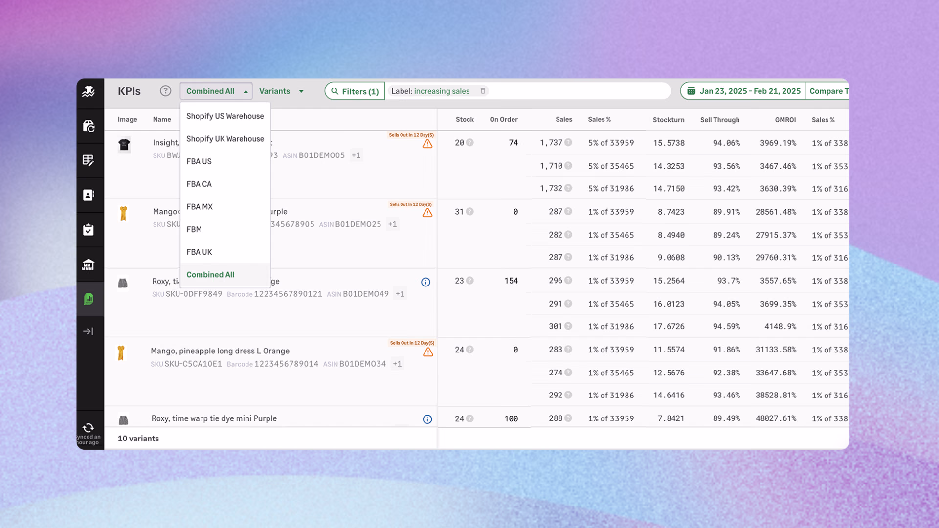 Inventory Planner by Sage homepage showing product option insights