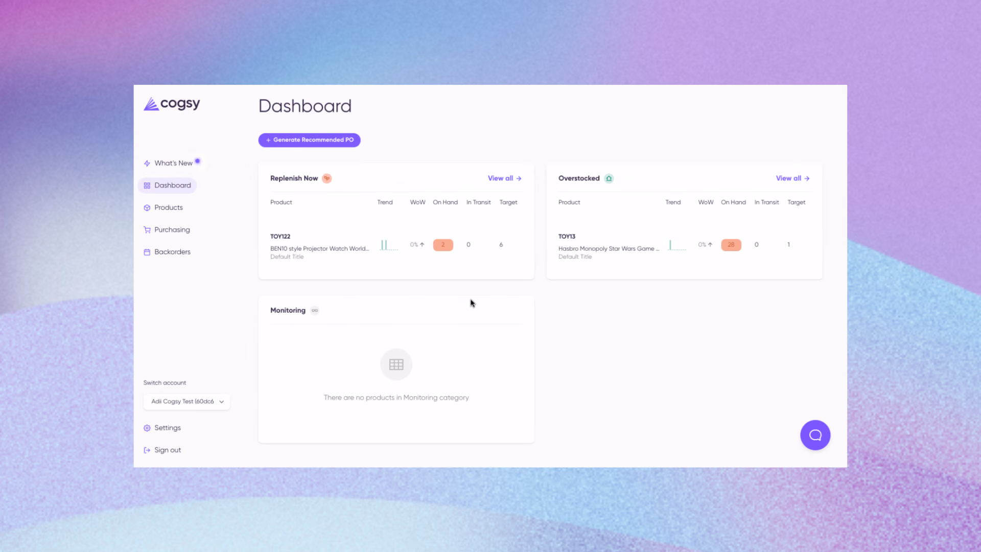 Cogsy dashboard with Replenish Now, Replenish Soon and Purchase Orders cards, purchasing updates and a planned growth chart