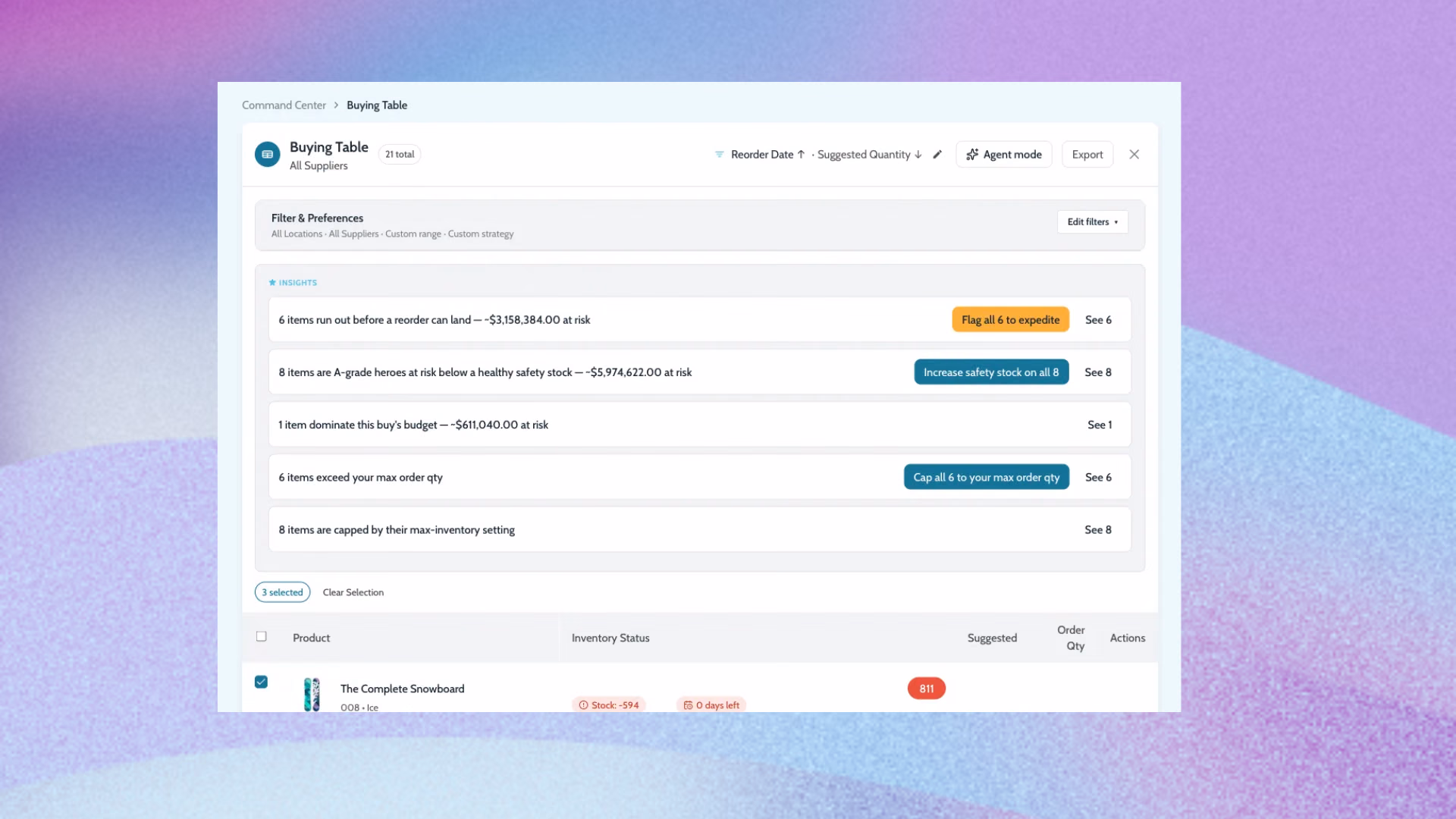 Assisty Centralized Replenishment Center listing purchase orders by supplier and date