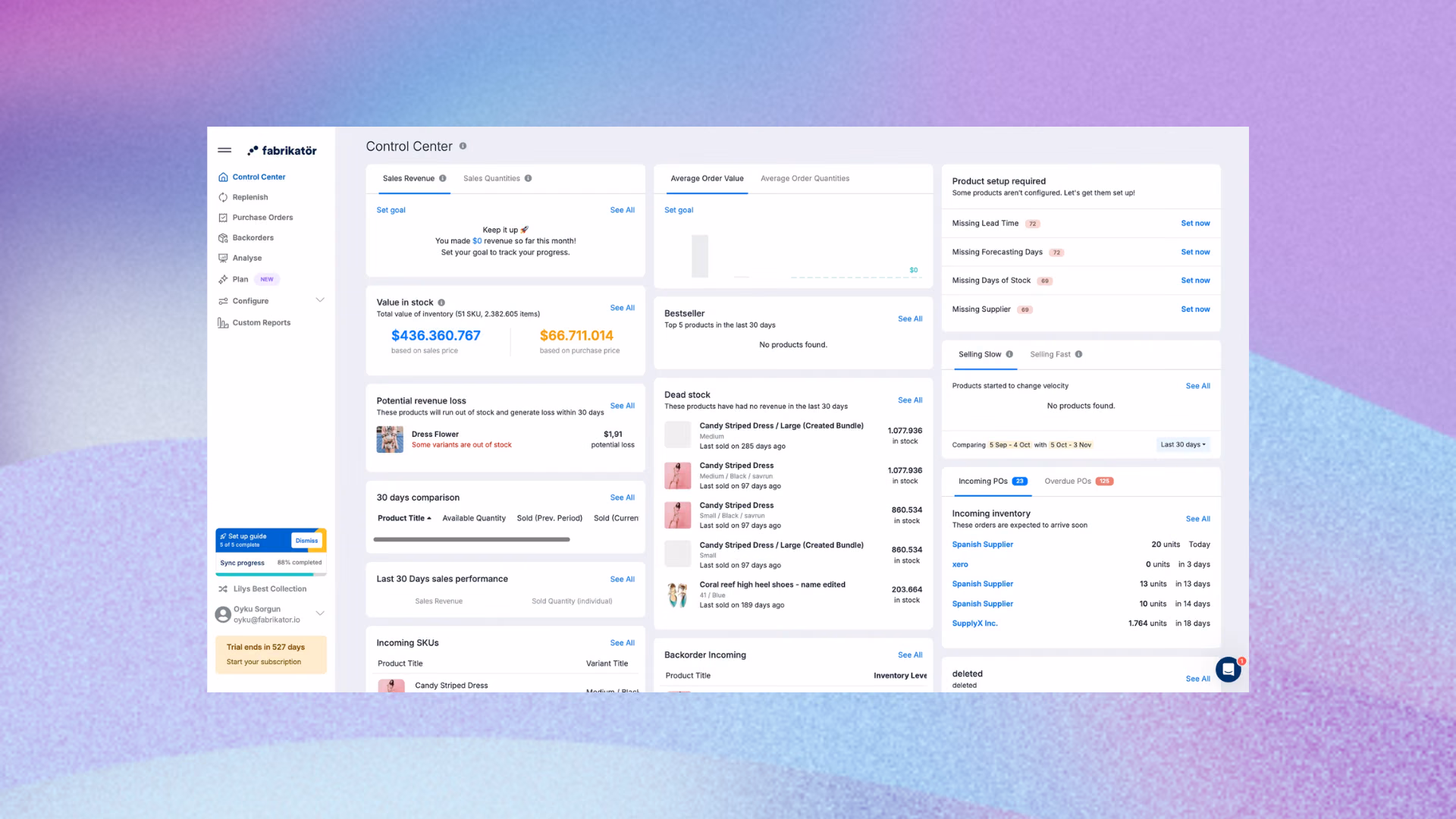 Fabrikatör homepage for e-commerce inventory planning, with its Shopify App Store rating and a customer quote from Swoveralls