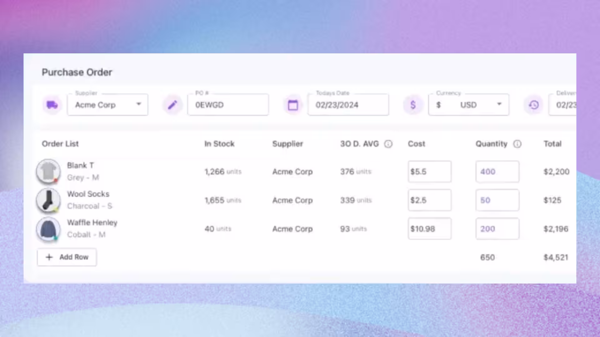 Monocle purchase order screen listing items with stock on hand, 30-day average sales, unit cost and order quantity