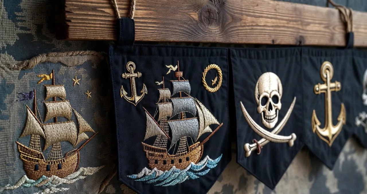 Guirlande de tissu noire brodée de bateaux à voiles, ancres et un crâne de pirate croisé avec des sabres.