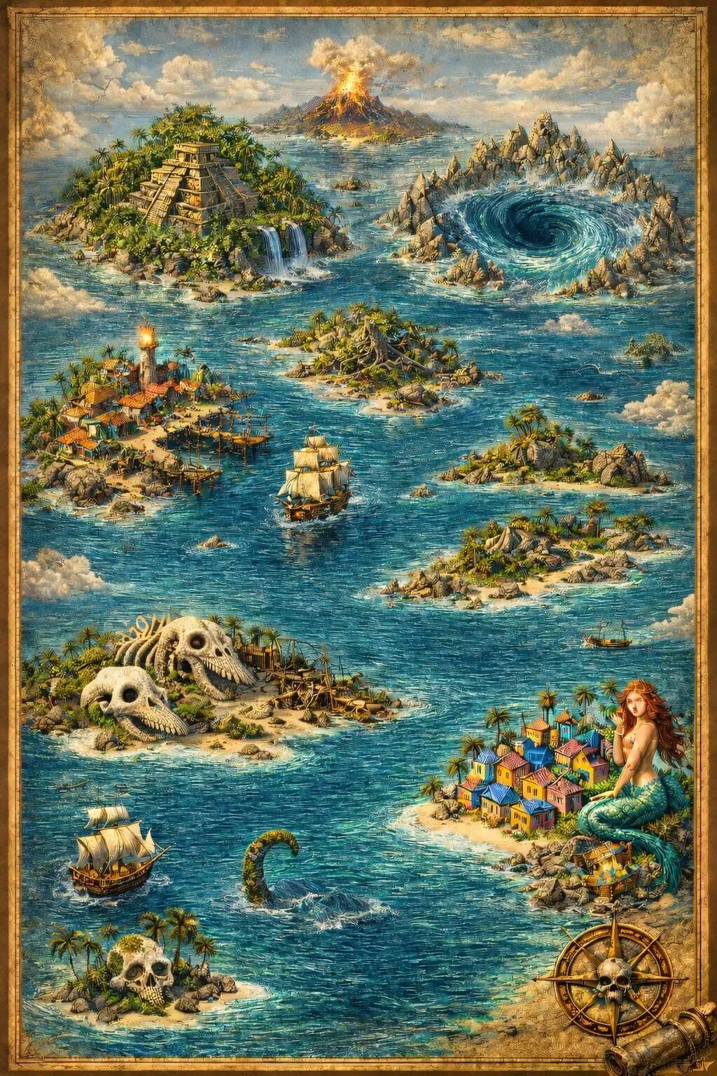 Carte au trésor ancienne avec Port Noir, Braceletville, Marché Pirate, Caverne aux Artefacts, Cap des Dents, illustrée avec une boussole, un navire, un dragon marin, une sirène, une baleine et un poulpe.
