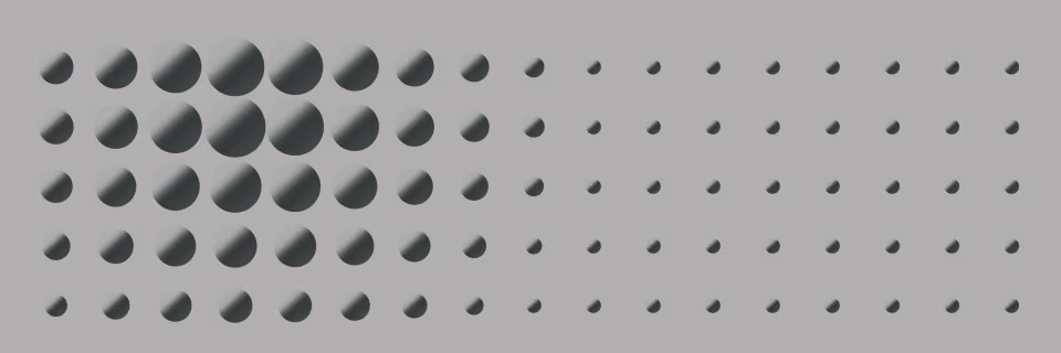 Grid of three-dimensional spheres gradually scaling from large to small across the composition, creating a perspective-like depth gradient from left to right.