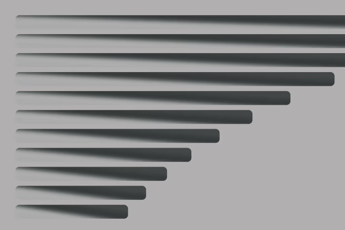 Horizontal rounded bars anchored at the top-left corner, progressively decreasing in length from top to bottom, creating a stepped cascade.