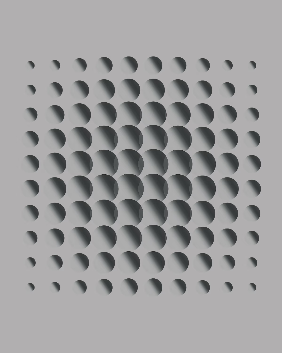 Array of three-dimensional spheres arranged in a grid, scaling larger toward the center and smaller at the edges with soft shading.