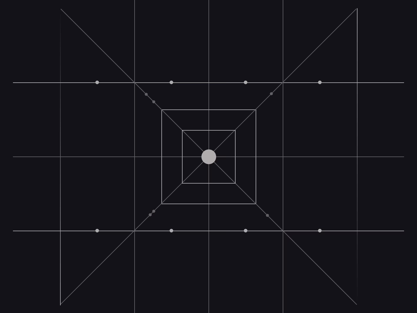 Dark background with concentric squares converging toward a central point, connected by diagonal lines from corner to corner, with small circular nodes at each intersection.