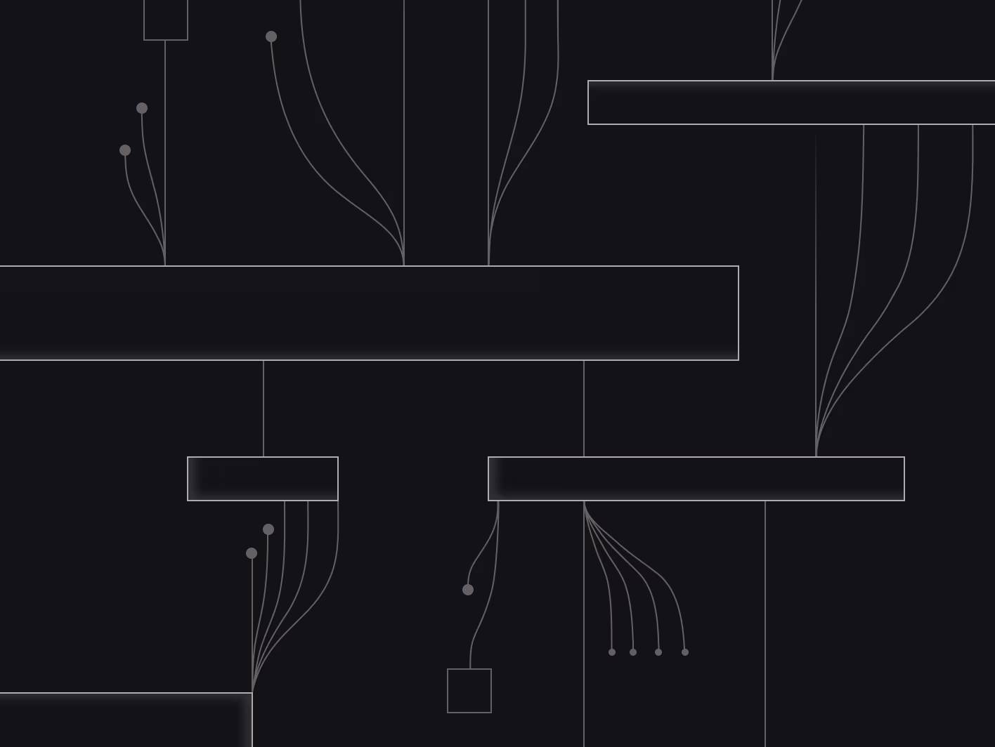 Dark background with an abstract circuit-like composition of rectangles connected by vertical lines that branch into curved tendrils ending in small circular nodes.