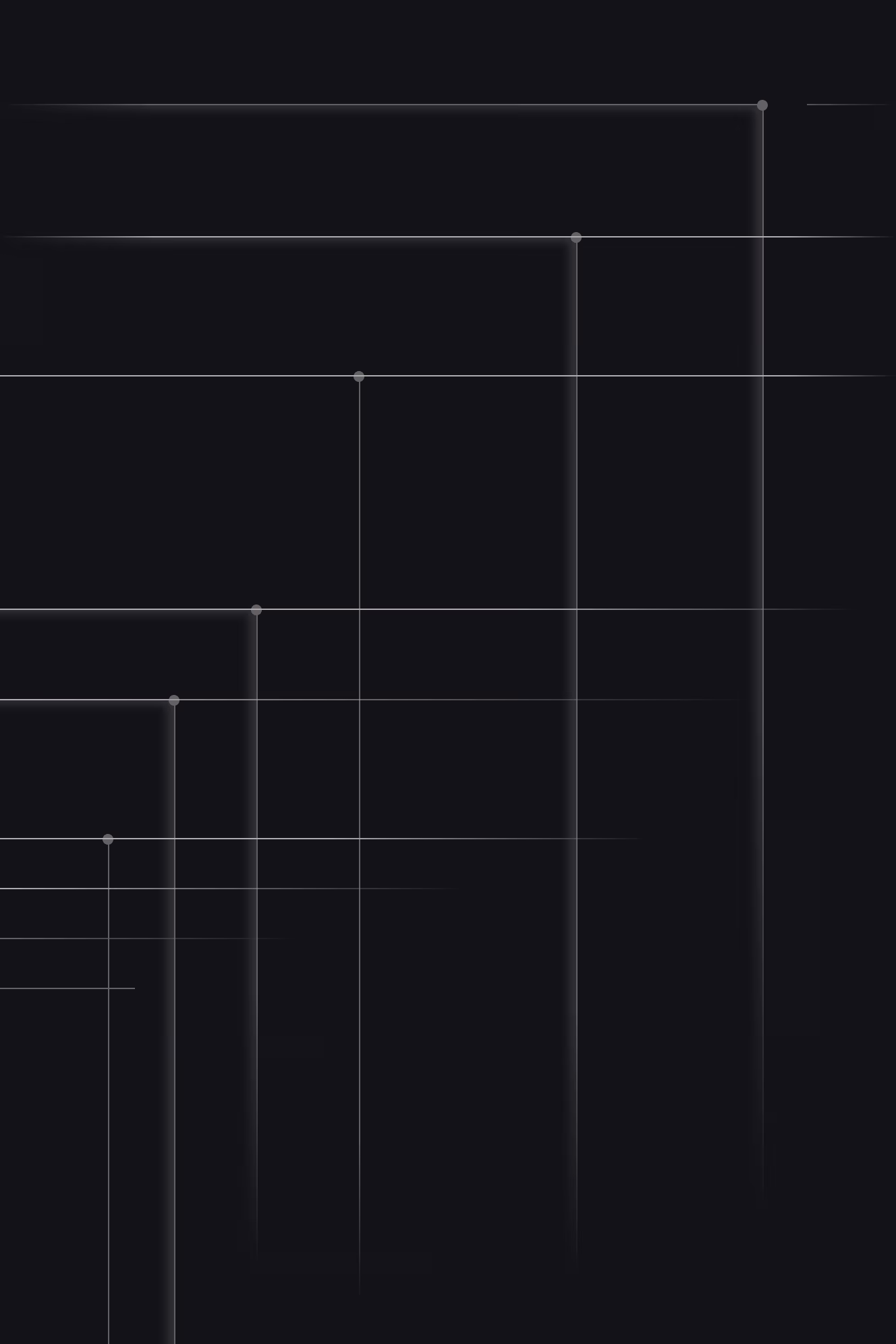 Dark background with a staircase pattern of nested rectangles scaling downward from the upper right to the lower left, connected by vertical lines with small circular nodes at each step.