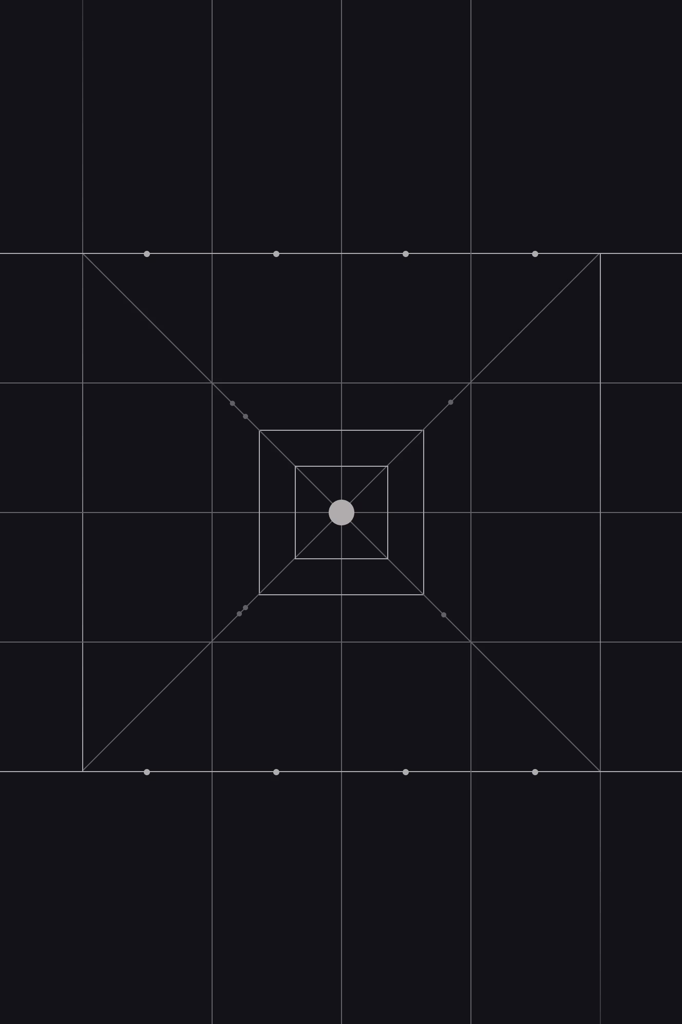 Dark background with concentric squares converging toward a central point, connected by diagonal lines from corner to corner, with small circular nodes at each intersection.