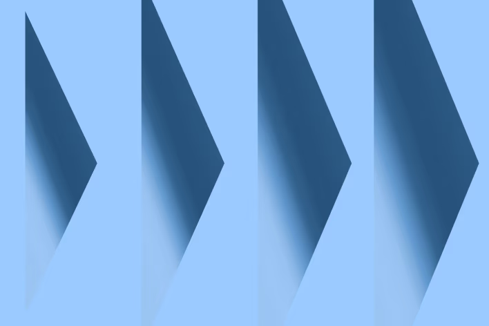 Four chevron-shaped arrows pointing right, staggered diagonally across the composition, each with gradient shading and soft shadows creating a three-dimensional forward-motion effect.