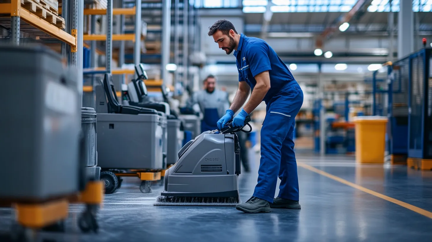 Worker in blue uniform cleaning a warehouse floor with an industrial floor scrubber.