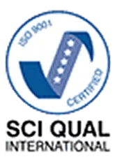 Blue and white badge with a checkmark and stars, labeled ISO 9001 Certified.