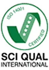 ISO 14001 certified green checkmark symbol with stars inside a circle.