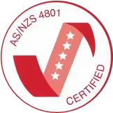AS/NZS 4801 Certified badge featuring a red checkmark with five white stars inside a circular border.
