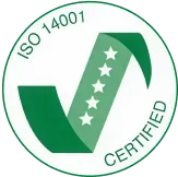 Round ISO 14001 certified logo with a green checkmark and five white stars inside.