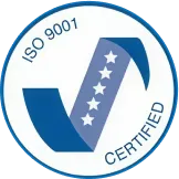 ISO 9001 certified badge with a stylized check mark and stars inside a blue-bordered circle.