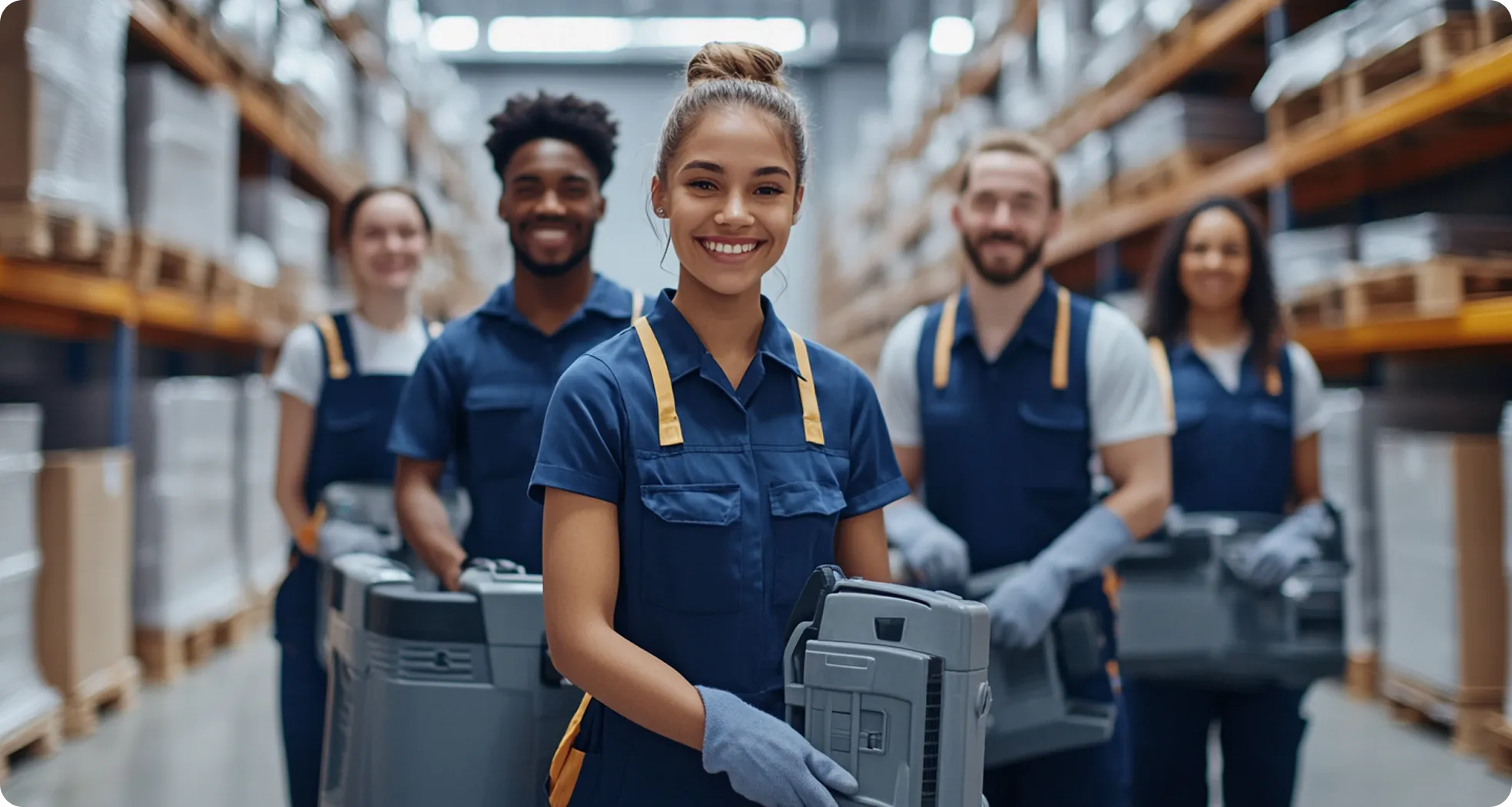 Smiling warehouse workers in blue uniforms holding gray equipment cases in an aisle with shelves stacked with boxes.