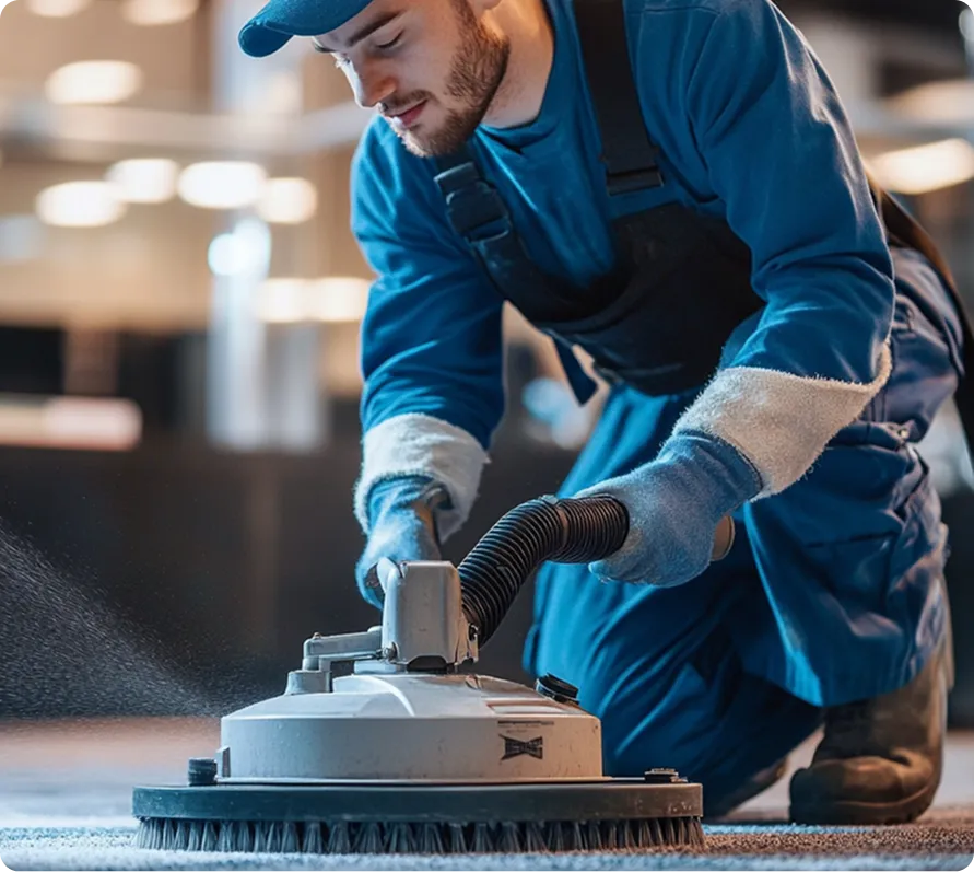 Person in blue workwear and gloves using a floor scrubbing machine on a carpet.