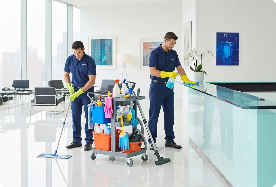Two janitors in navy uniforms cleaning a modern office lobby; one mopping the floor and the other wiping the glass reception desk.