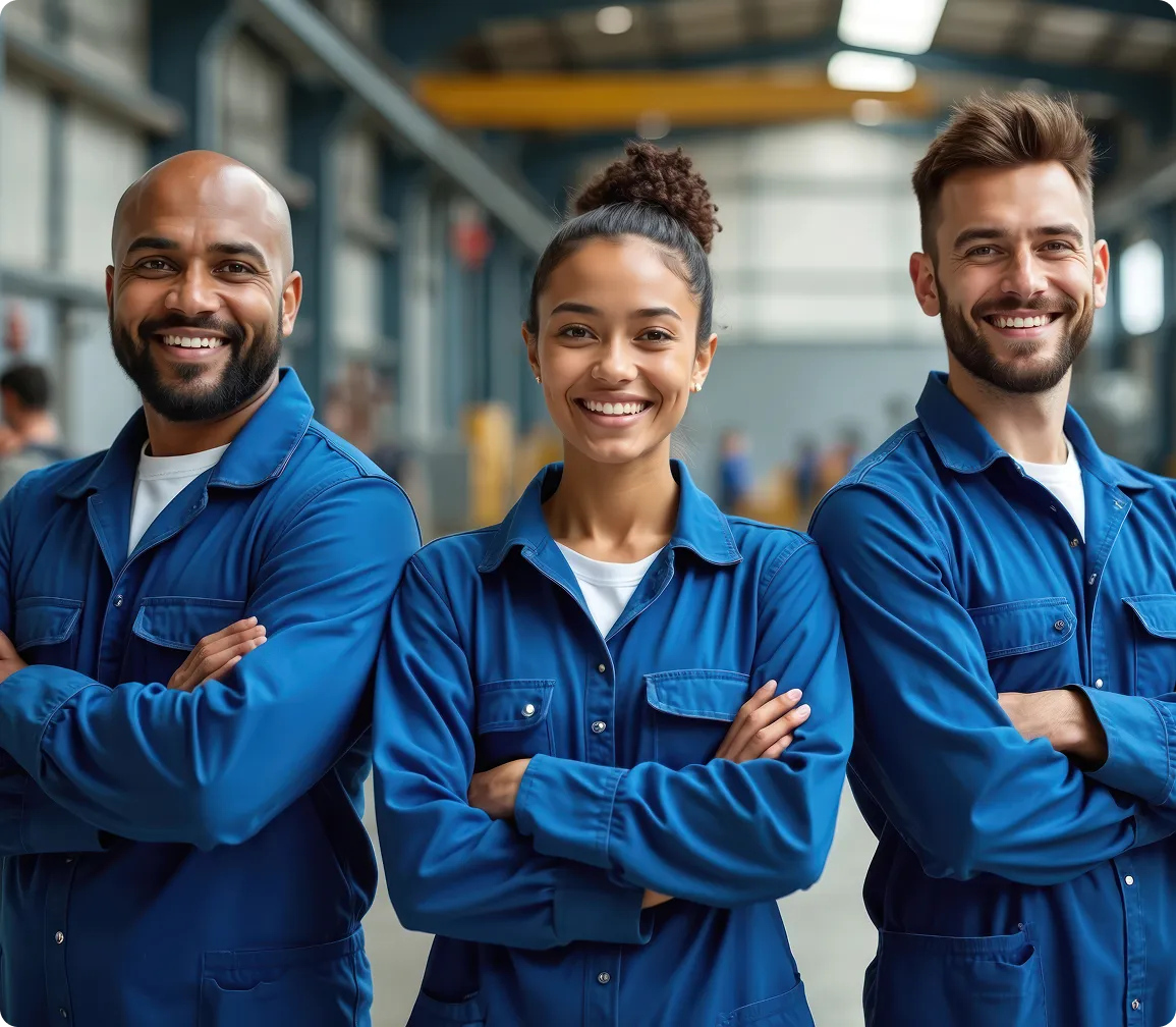 Three diverse factory workers in blue uniforms smiling with arms crossed inside an industrial warehouse.