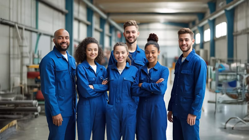 Six diverse factory workers wearing blue coveralls standing together and smiling in an industrial setting.