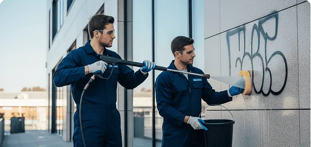 Two men in navy blue coveralls cleaning graffiti from a building wall using a pressure washer and brush.