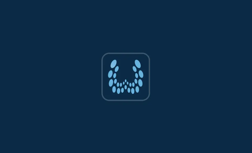 Blue stylized dental teeth icon made of oval shapes on dark blue background.