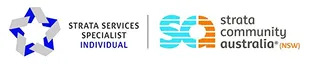 Three logos: Strata Services Specialist Individual with a blue star-shaped arrow design, SQ with orange and blue elements, and strata community australia (NSW) text logo.