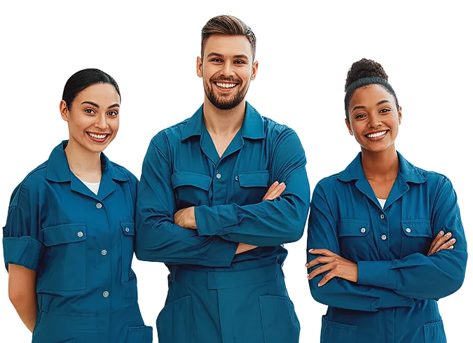 Three diverse workers smiling and wearing matching blue uniforms, standing side by side with arms crossed or behind their backs.