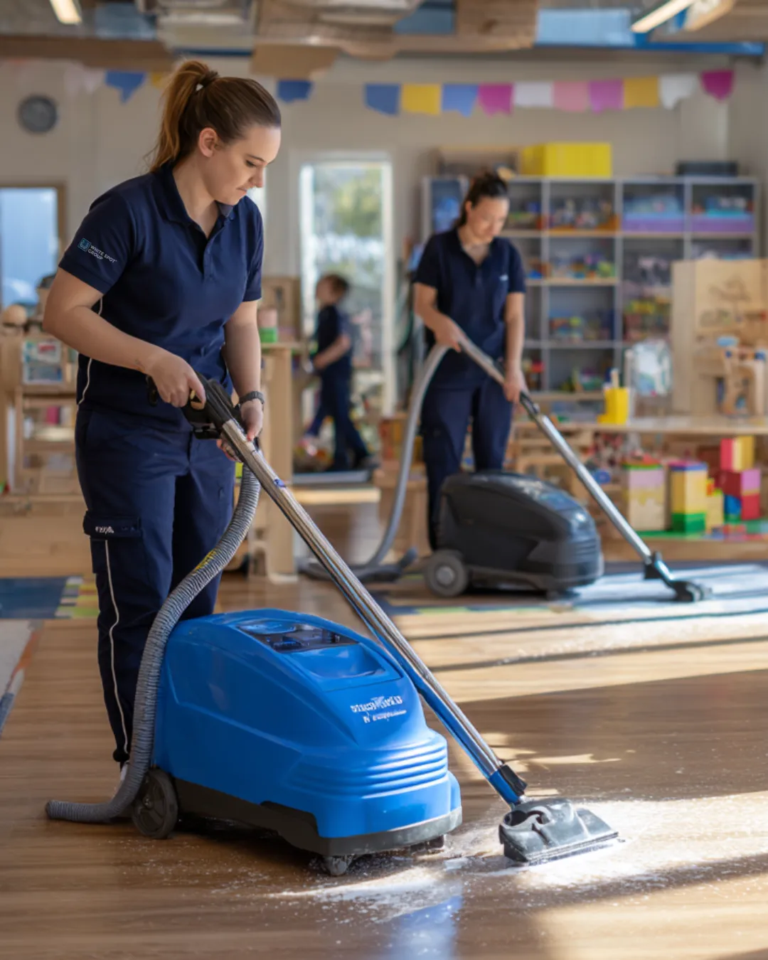 Two women in navy uniforms using floor cleaning machines in a brightly lit playroom with toys and shelves in the background.