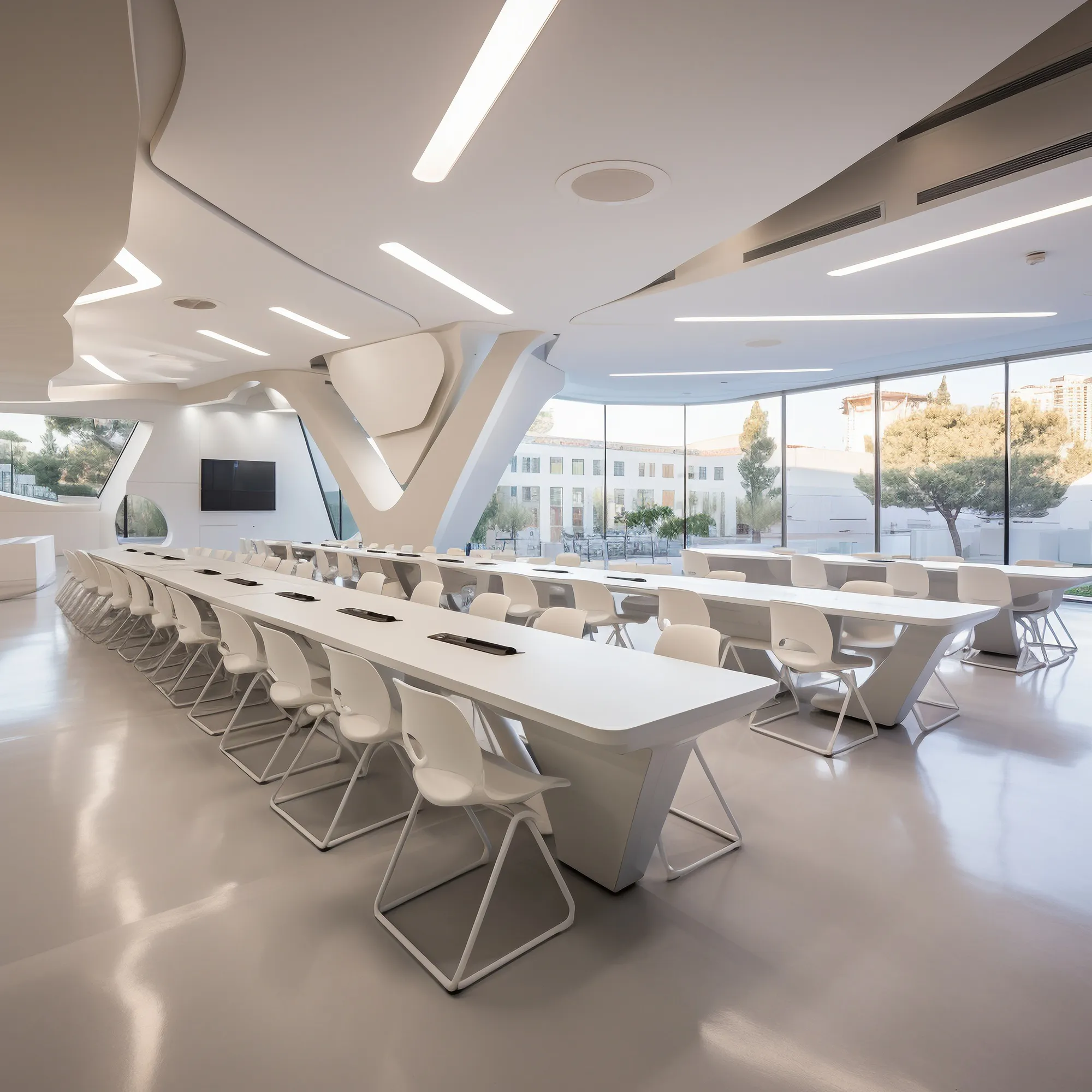 Modern conference room with white tables and chairs, large windows overlooking trees and buildings.