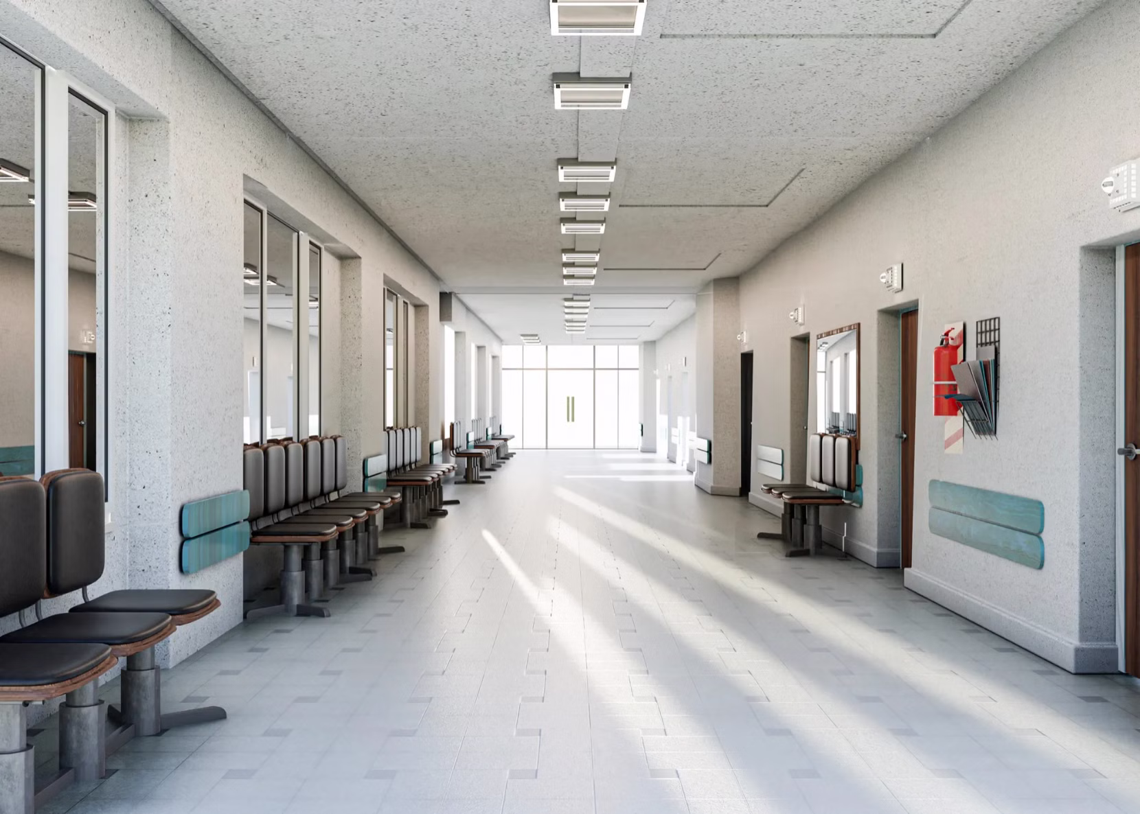 Bright, empty hospital corridor with rows of chairs along both walls and large windows at the far end.