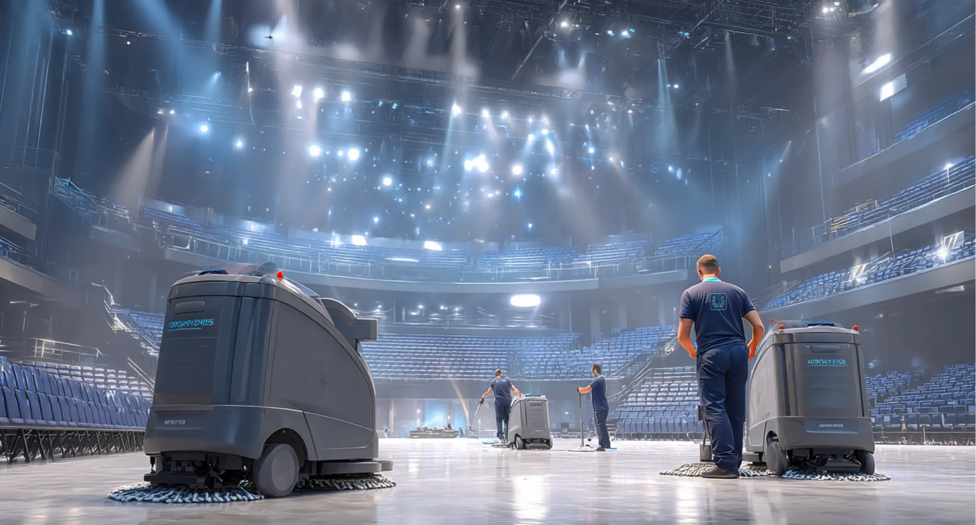 Three workers using floor cleaning machines in a large, empty auditorium with bright stage lights.