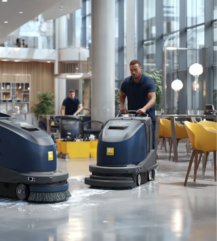 Two workers operating floor cleaning machines in a modern glass-walled lobby with yellow chairs.