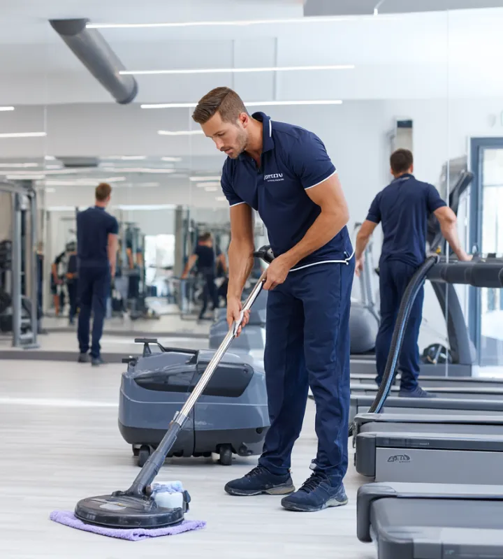 Man in navy blue uniform cleaning a gym floor with a large floor-cleaning machine next to treadmills.