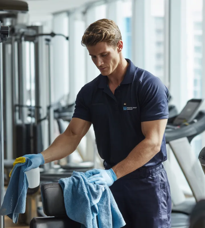 Man in navy uniform wearing gloves cleaning gym equipment with blue cloths in a fitness center.
