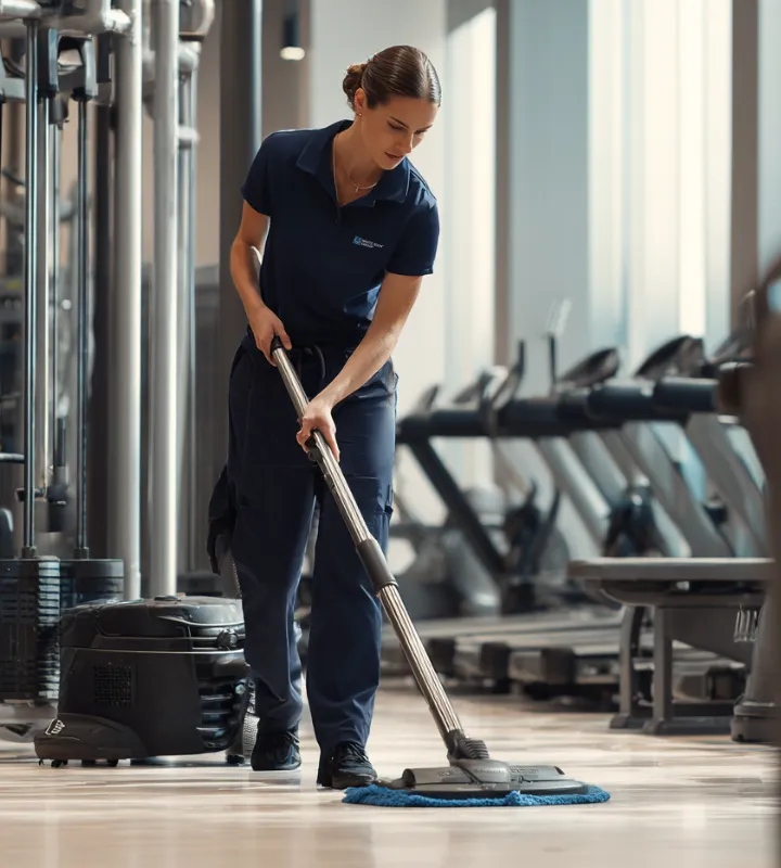 Woman in navy uniform cleaning gym floor with a vacuum mop near exercise equipment and treadmills.