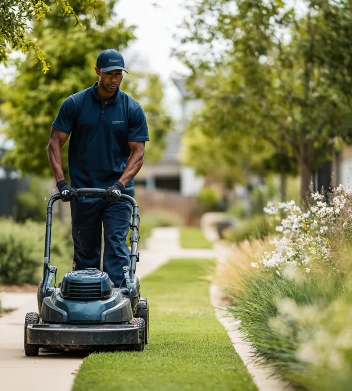 Man in uniform mowing a lawn with a push lawn mower on a sidewalk-lined residential street.