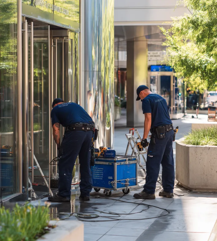 Two maintenance workers in navy uniforms performing repairs near a building entrance with tools and equipment on a sunny sidewalk.