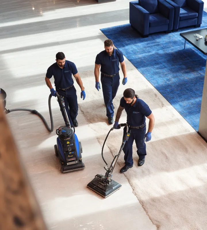 Three professional cleaners in navy uniforms cleaning a beige carpet with industrial carpet cleaning machines in a modern room with blue furniture and a glass table.