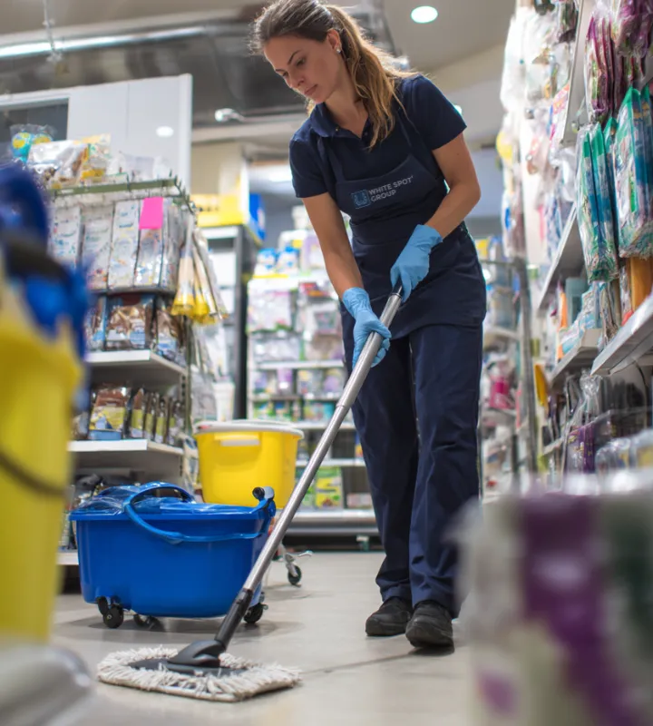 Female store employee wearing gloves mopping the floor in a retail aisle.