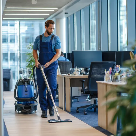 Man in blue overalls vacuuming the floor in a modern office with desks and computers.