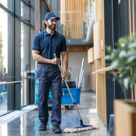 Man in navy uniform mopping a polished floor in a modern building hallway with large windows.