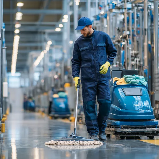 Worker in blue uniform and yellow gloves mopping a shiny factory floor with industrial cleaning equipment nearby.